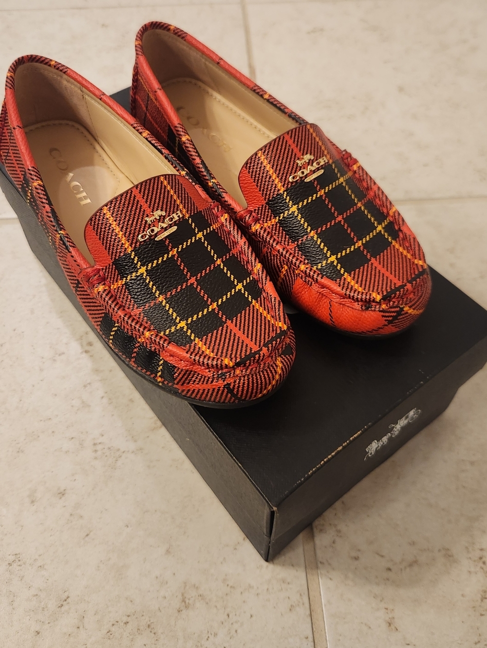 Womens Coach Marley‎ Diver Loafers Black Red Plaid Size 6.5 New